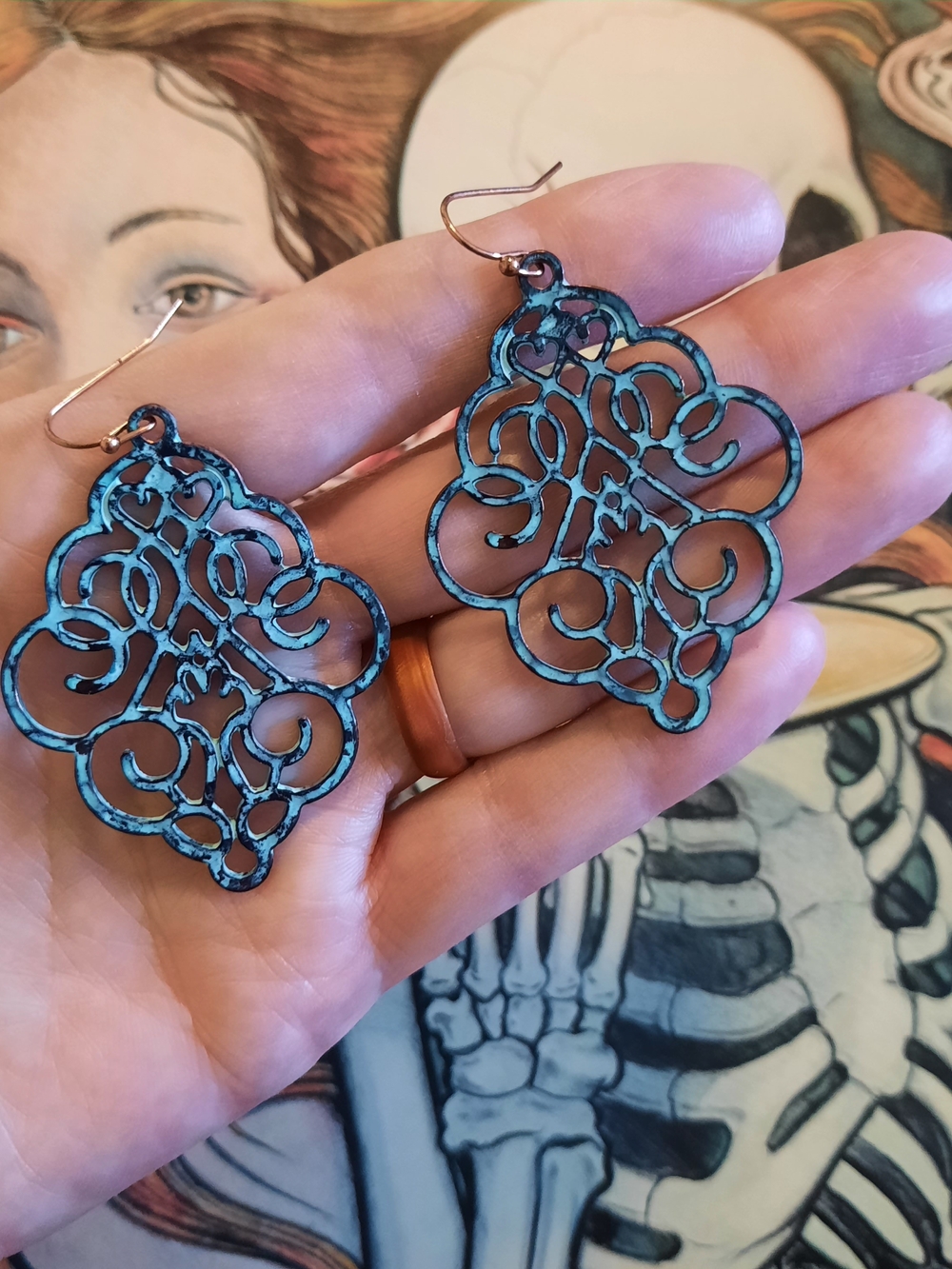Metal Turquoise Colored Filigree Drop Earrings -